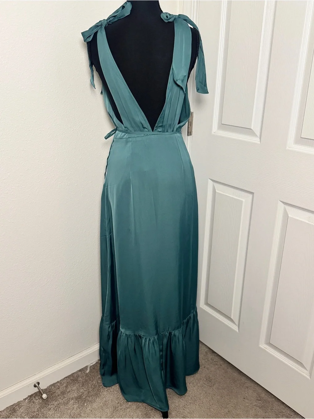 Abercrombie Satin Wrap Maxi Dress Teal Tie Shoulder Open Back Wedding Guest S